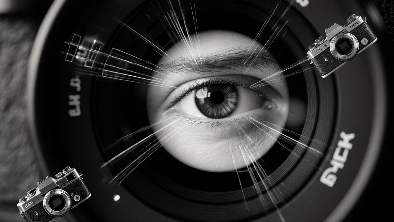 Ein menschliches Auge wird im Objektiv einer Kamera gespiegelt, während Licht und Komposition um es herum schweben.