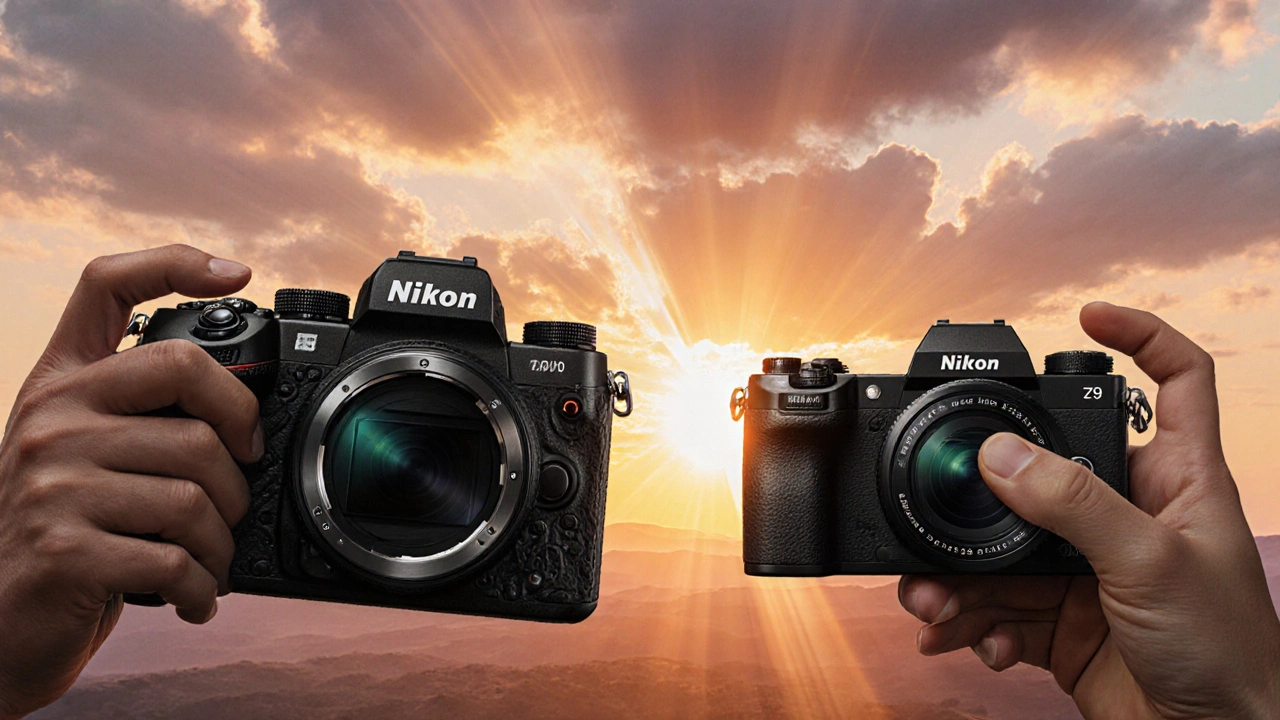 Zwei Kameras, eine teure und eine billige, richten sich auf denselben Sonnenuntergang.