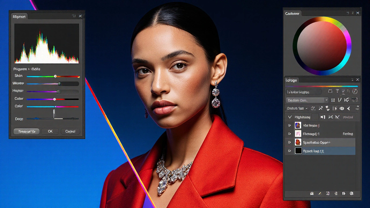 Bildbearbeitung: Modellporträt mit Photoshop‑Pinsel, Lightroom‑Regler und Capture‑One‑Farbton.