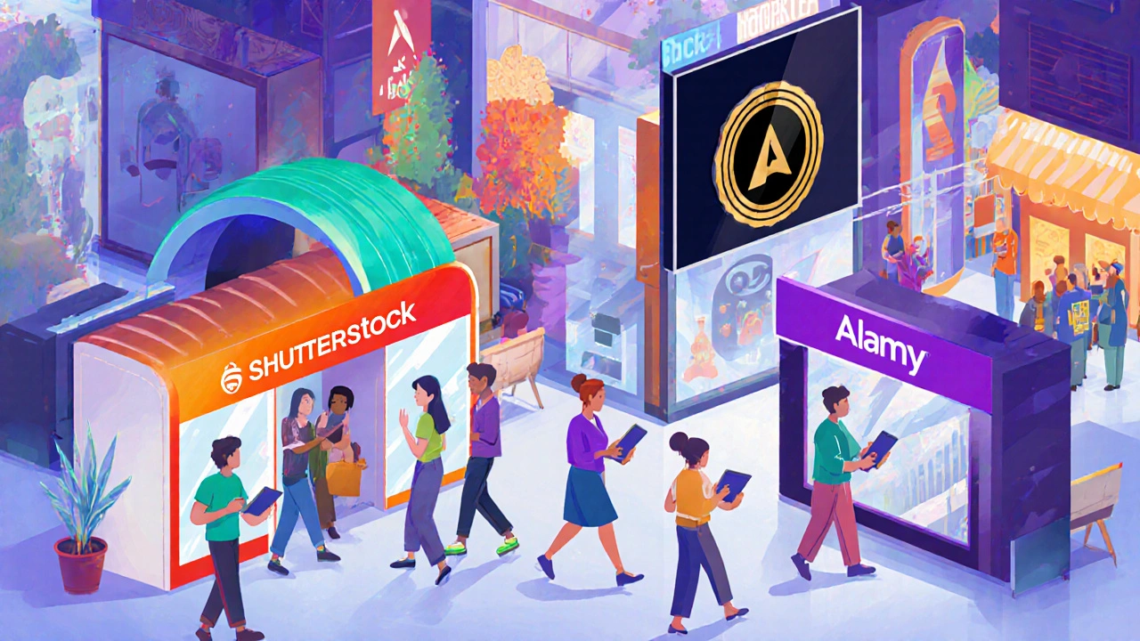 Bunte Markt‑Illustration mit Ständen, die bekannte Stock‑Plattformen symbolisieren.