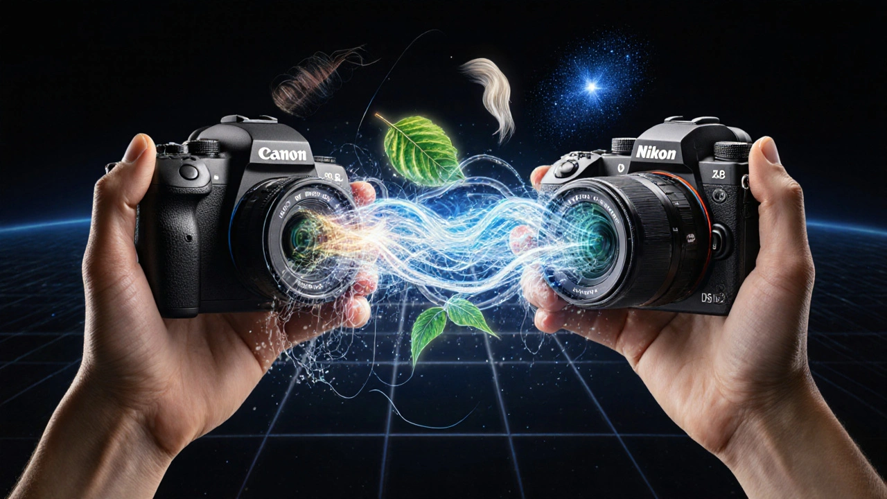 Canon R5 und Nikon Z8 nebeneinander, jeweils mit Aura für Detailauflösung und Rauschunterdrückung.