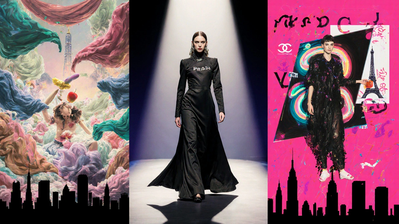 Collage ikonischer Fashion‑Shootings von Meisel, Walker und Inez & Vinoodh.