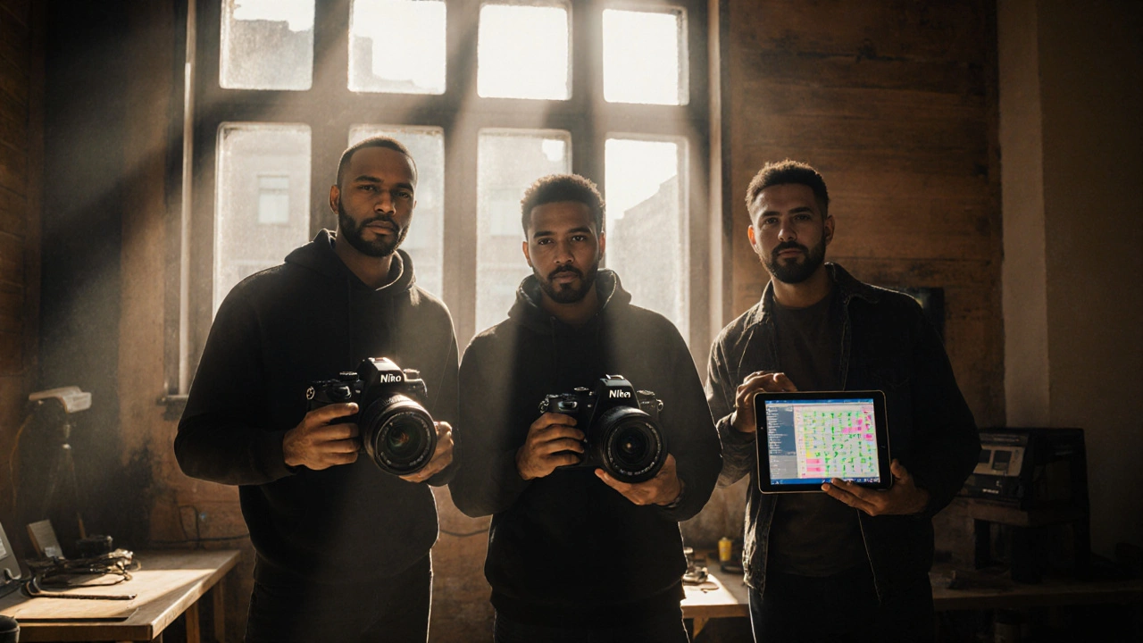 Diverses Fotografenteam mit Nikon-Geräten in einem lichtdurchfluteten Studio.