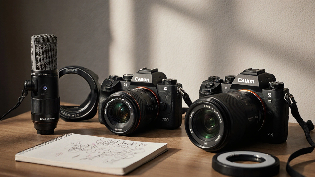 Drei Kameras auf einem Schreibtisch mit Mikrofon und Licht – Symbol für Anfänger-Ausrüstung.