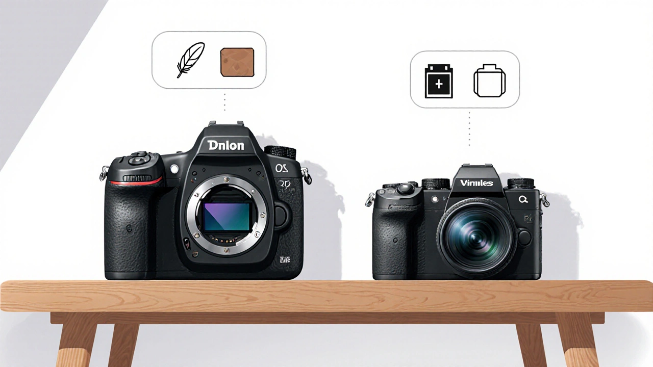 DSLR und spiegellose Kamera nebeneinander, Größen‑ und Gewichtsunterschiede im Bild.