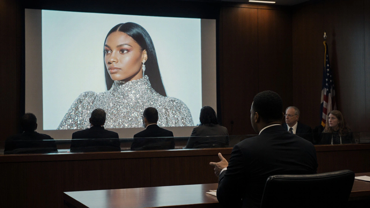 Ein Gerichtssaal in Los Angeles, ein Fotograf beobachtet, wie ein Bild auf einer Leinwand projiziert wird, während Anwälte sitzen.
