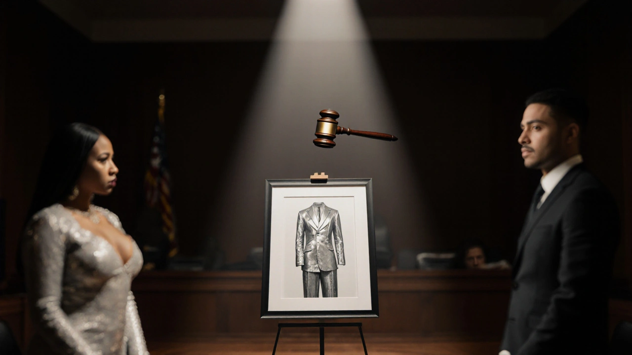 Ein Gerichtssaal mit einem einzelnen, beleuchteten Foto im Zentrum, während die Parteien im Hintergrund verschwimmen.