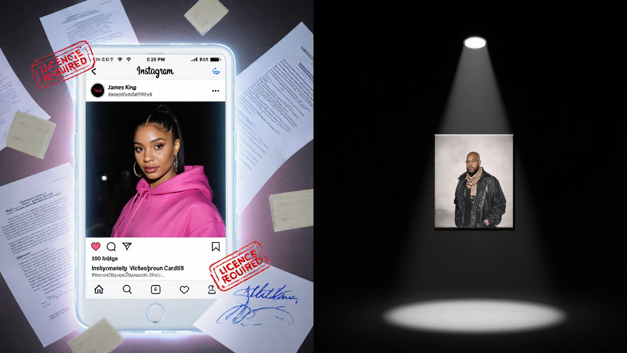 Ein gespaltenes Bild: links ein Instagram-Post mit dem unerlaubten Foto, rechts das gleiche Bild mit Wasserzeichen und Urheberrechtsstempel.