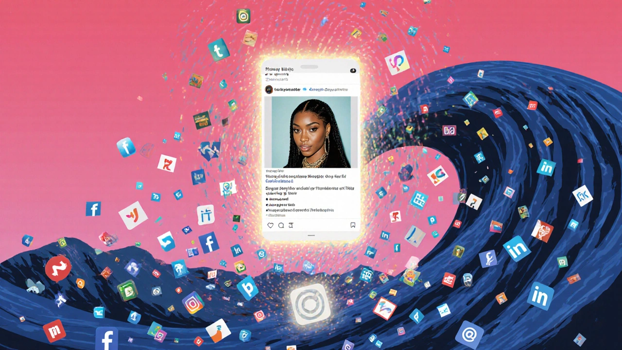 Ein viral verbreitetes Instagram-Foto wird von Millionen digitaler Symbole umgeben, während ein unsichtbares Urheberrechtszeichen darunter sichtbar wird.