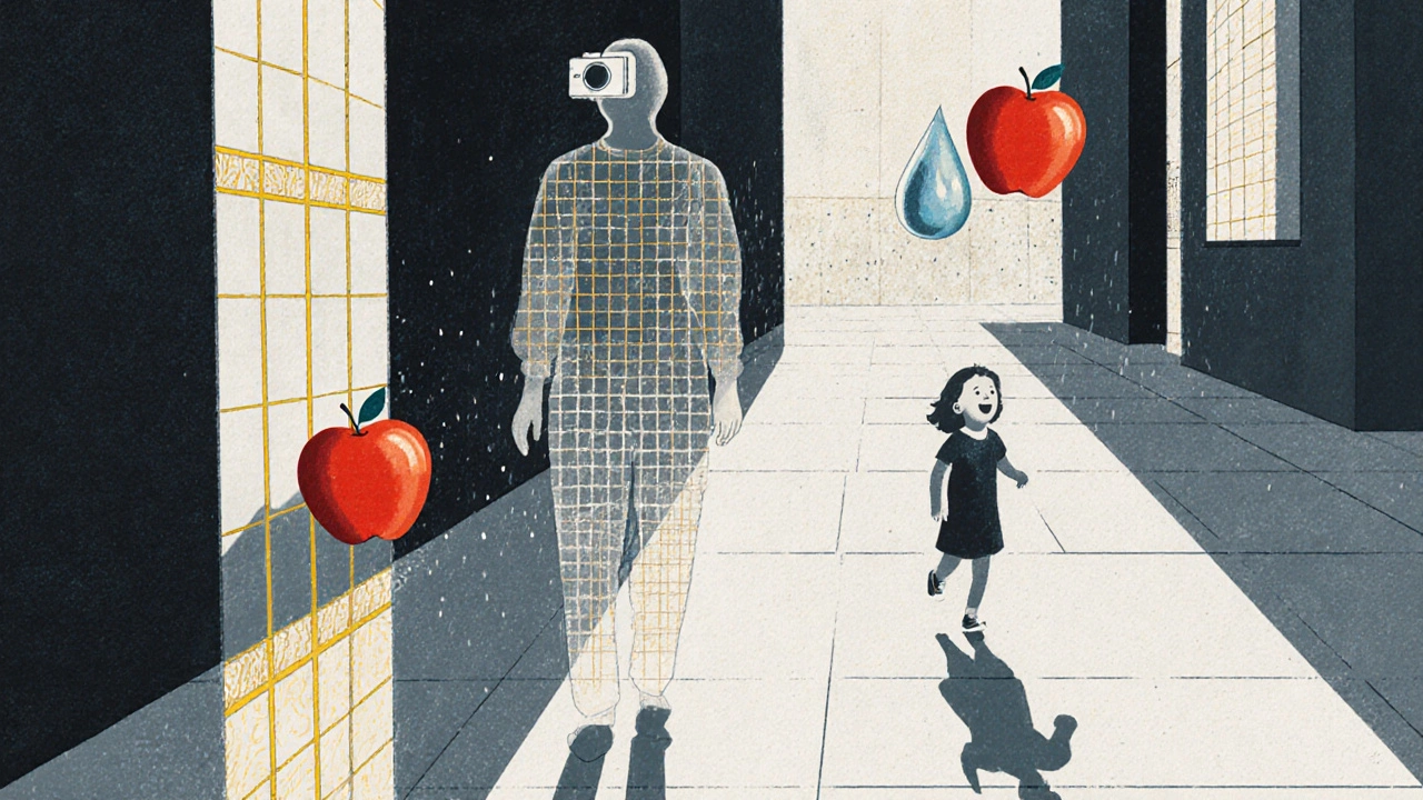 Eine transparente Figur geht durch die Stadt, umgeben von visuellen Symbolen der Fotografie.