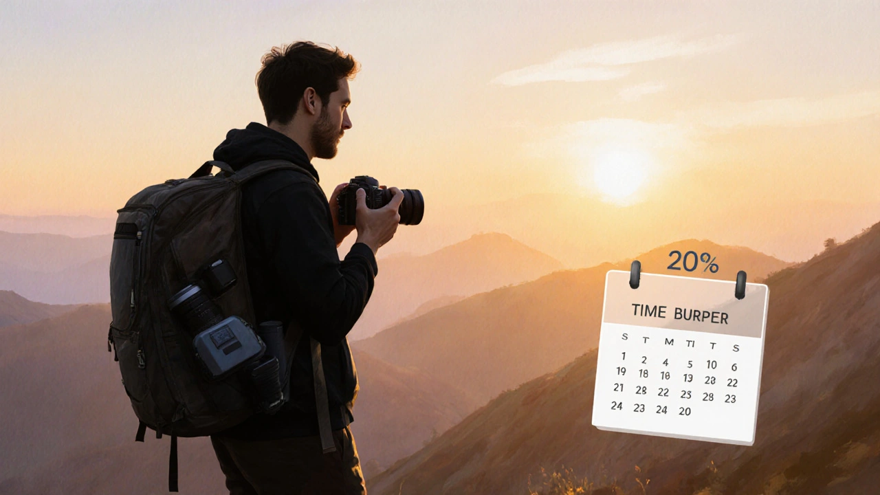 Entspannter Fotograf beim Sonnenaufgang in den Bergen, mit Backup‑Ausrüstung und Zeitpuffer.