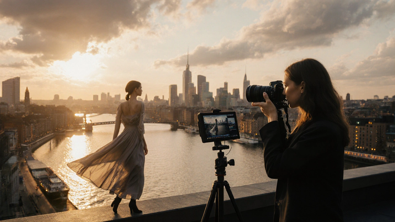 Fashion‑Fotografin auf Hamburger Dach mit Phase‑One‑Kamera bei Sonnenuntergang.