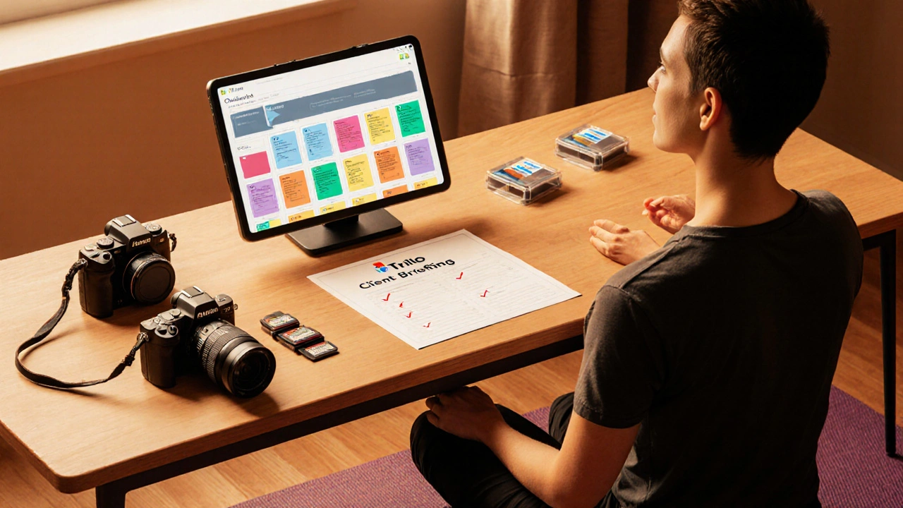 Fotograf arbeitet organisiert, nutzt Ersatzkamera, Checkliste und macht Yoga‑Pause.