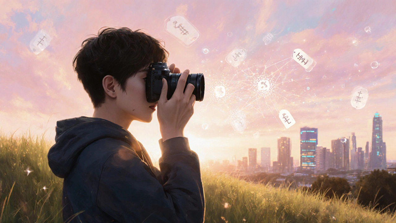 Fotograf auf einer Hügelwiese hält eine leichte spiegellose Kamera, umgeben von futuristischen AI‑Symbolen.