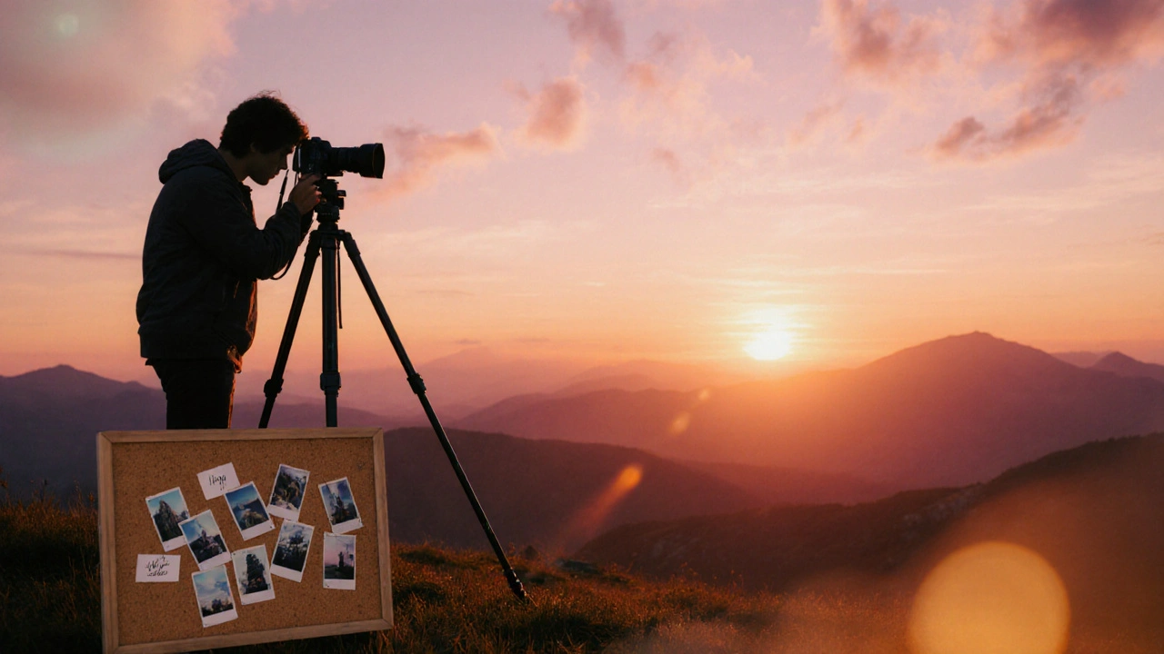 Fotograf fotografiert Sonnenaufgang von einem Hügel, Bilder hängen an einem Brett.