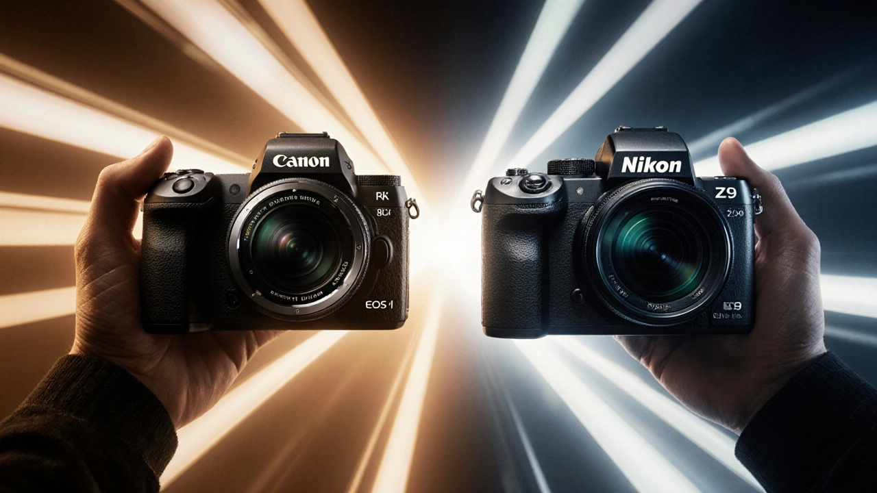 Fotograf hält EOS‑R5II und Nikon Z9, umgeben von Lichtspuren.