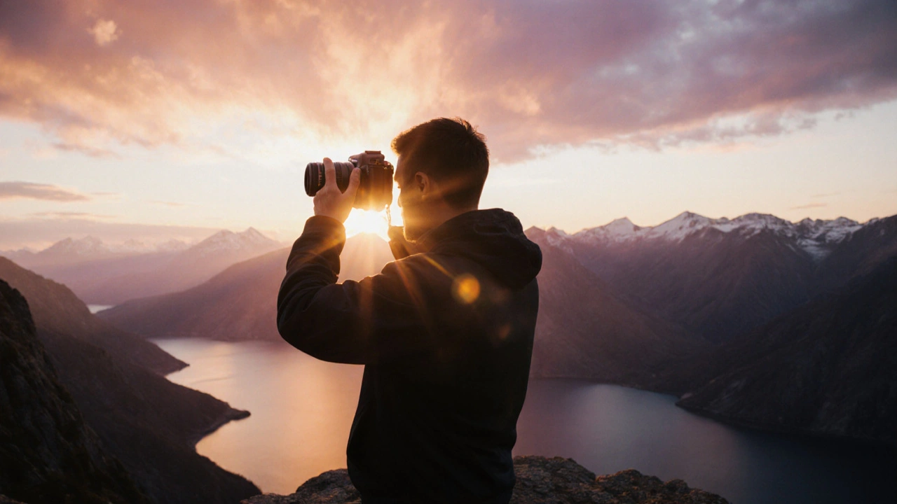 Fotograf im Freien nutzt Kamera, spektakuläre Landschaft im Hintergrund, inspiriert.