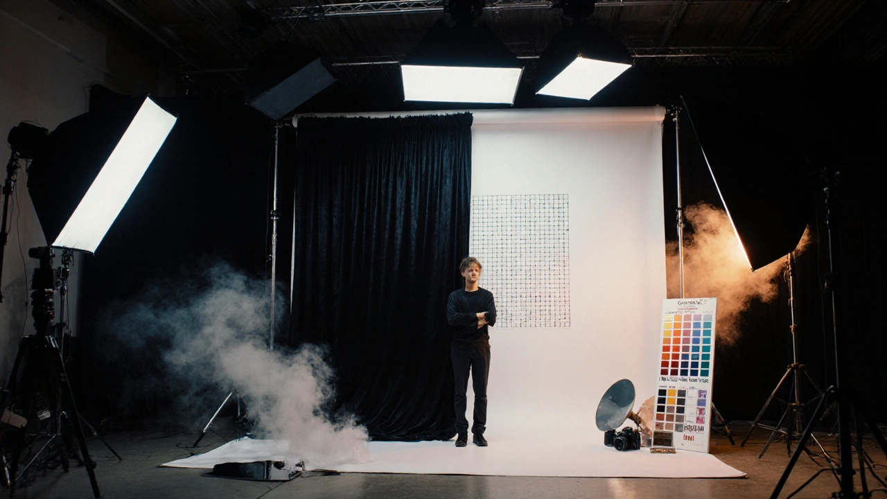 Fotograf im Studio mit dramatischem Gegenlicht, Raster und Farbschichten, kombiniert Kunst‑ und Design‑Elemente.