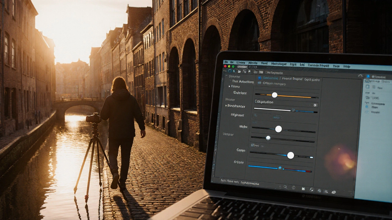 Fotograf in Hamburgs Speicherstadt bei Sonnenuntergang, trägt Stativ und Laptop.