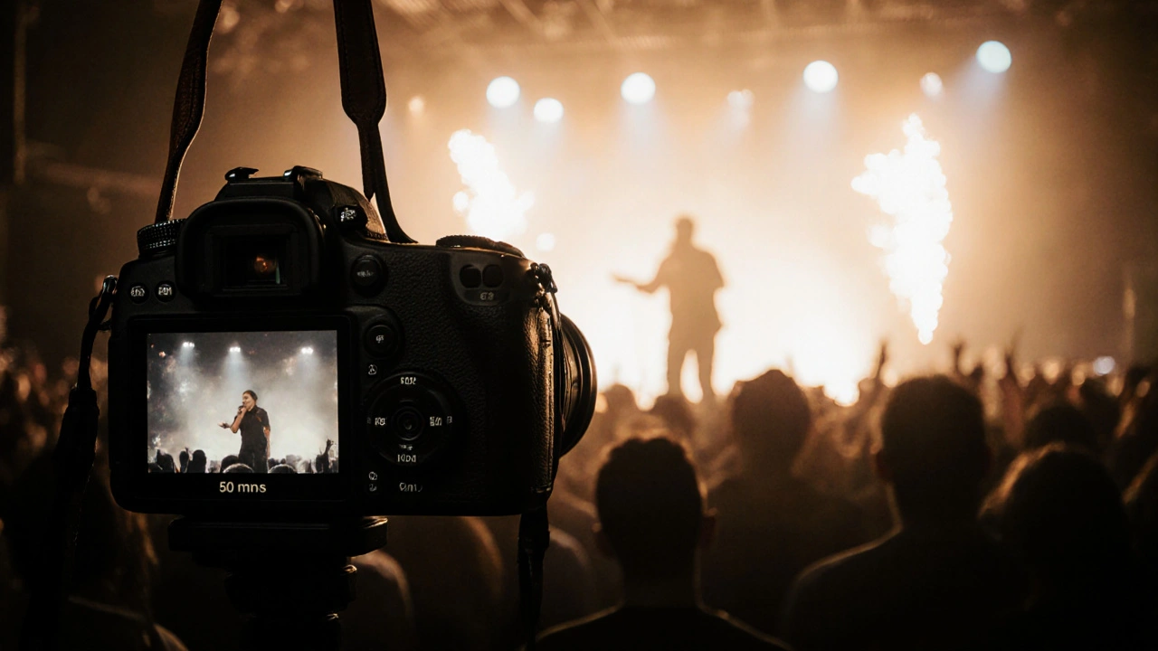 Fotograf mit DSLR bei Konzert, Sänger im Hintergrund, Bokeh.