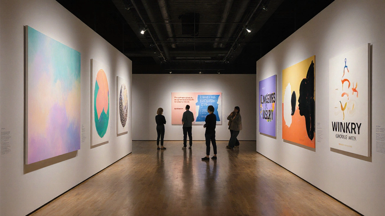 Galerie‑Installation, Bilderserien verschmelzen emotionale Kunst mit klarer Markenbotschaft, Betrachter wirkt inspiriert.