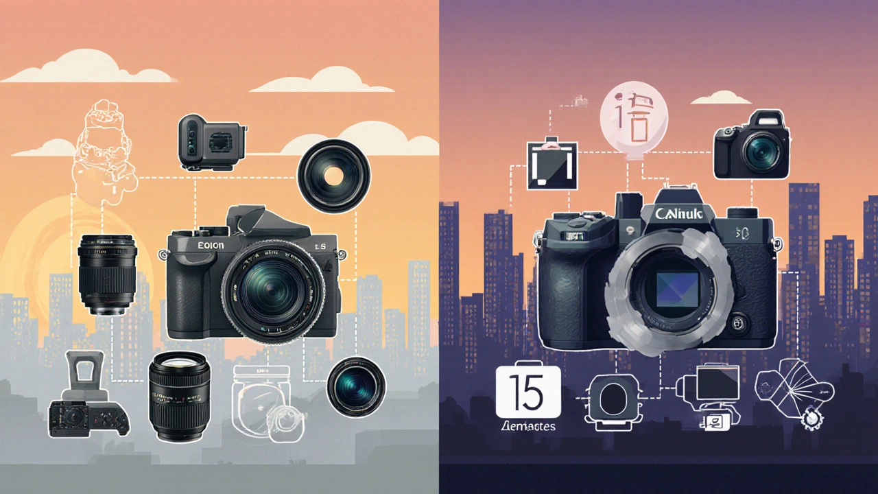 Geteilte Illustration zeigt DSLR‑ und Mirrorless‑Vorteile für Streetfotografie.