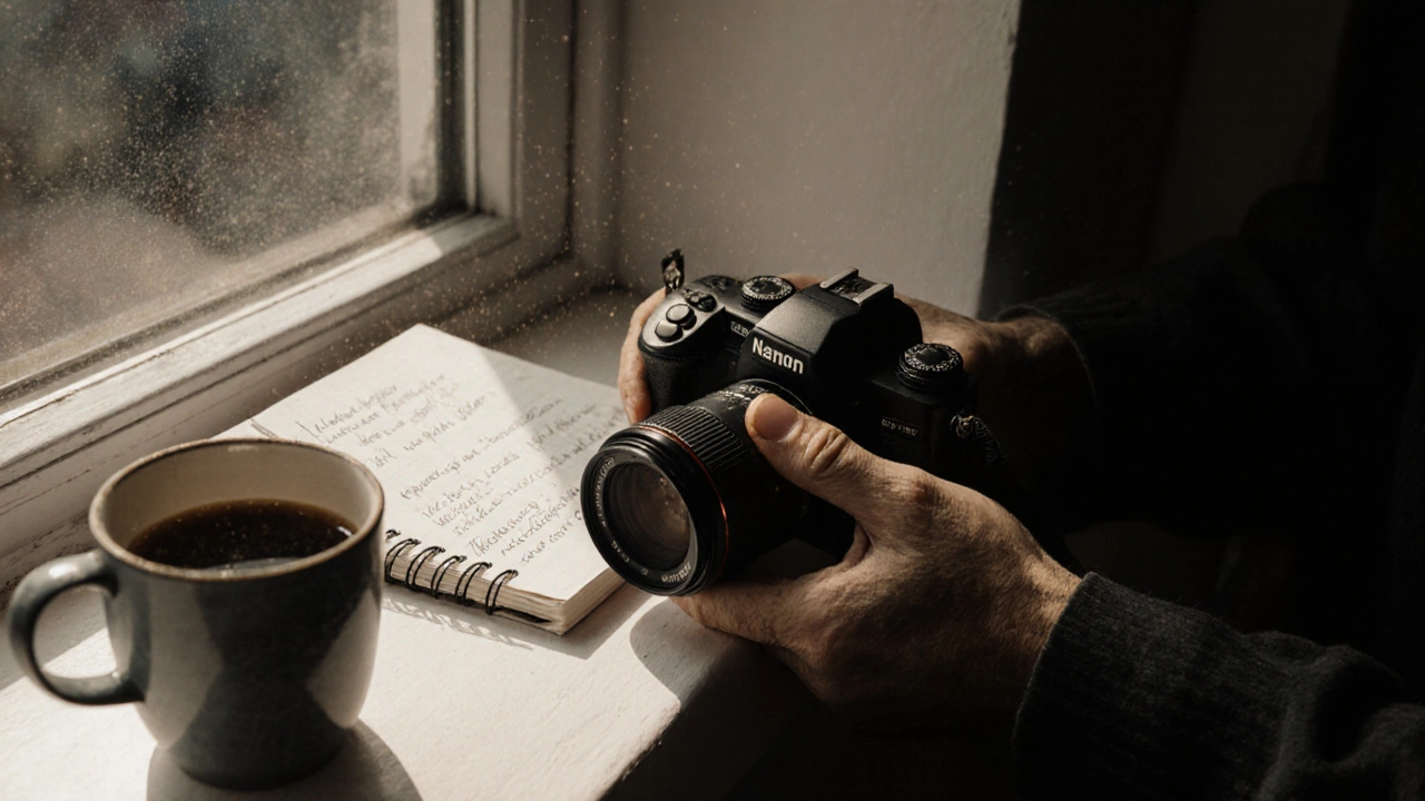 Hände mit einer alten Kamera und Notizen am Fensterbrett, sanftes Tageslicht beleuchtet die Szene.