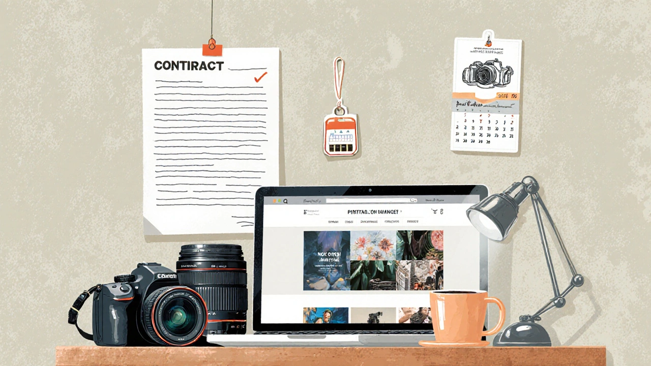 Illustration einer Checkliste für den Einstieg in lukrative Fotografie – Kamera, Laptop, Vertrag.