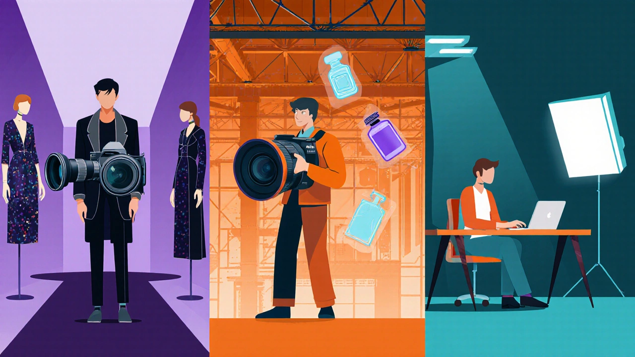 Illustration von drei Fotografen – Mode, Werbung und Porträt – mit typischer Ausrüstung.