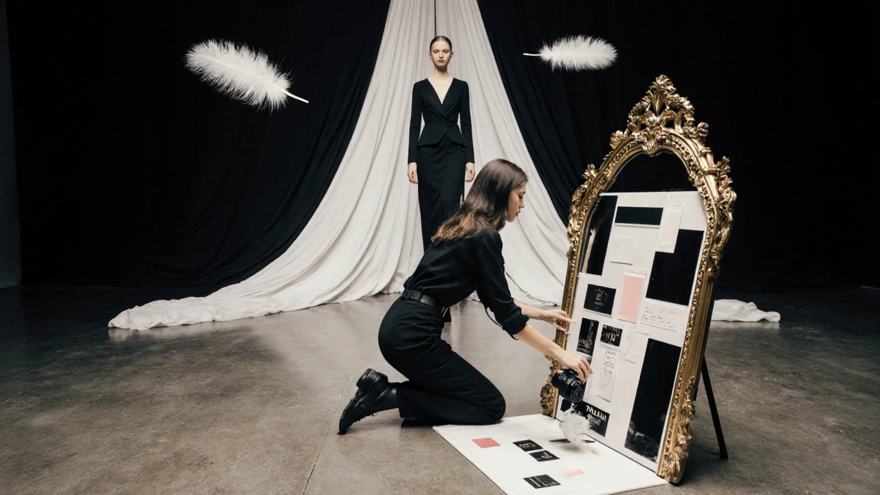 Junge Fotografin mit Moodboard, Mert &amp; Marcus‑Farben und Walker‑Surrealismus, filmische Beleuchtung.