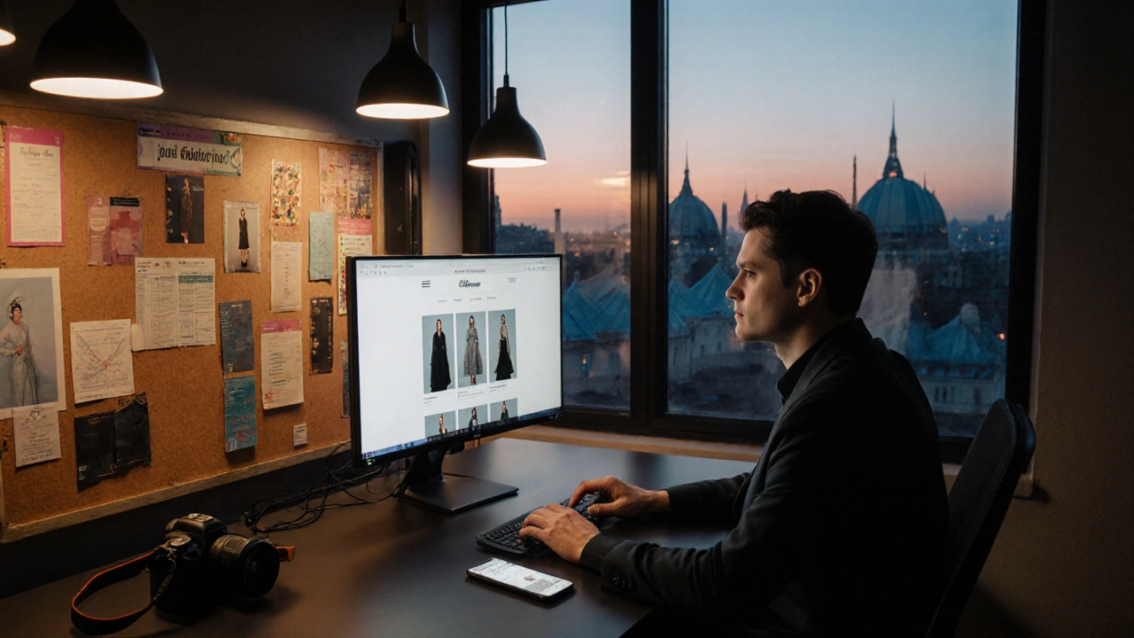 Junger Fotograf arbeitet an Portfolio, umgeben von Laufsteg‑ und Instagram‑Motiven.