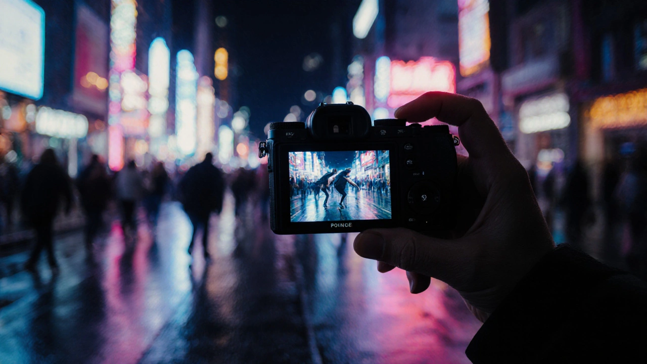 Leichte Mirrorless‑Kamera fängt nachts schnelle Bewegung mit kaum hörbarem Verschluss ein.