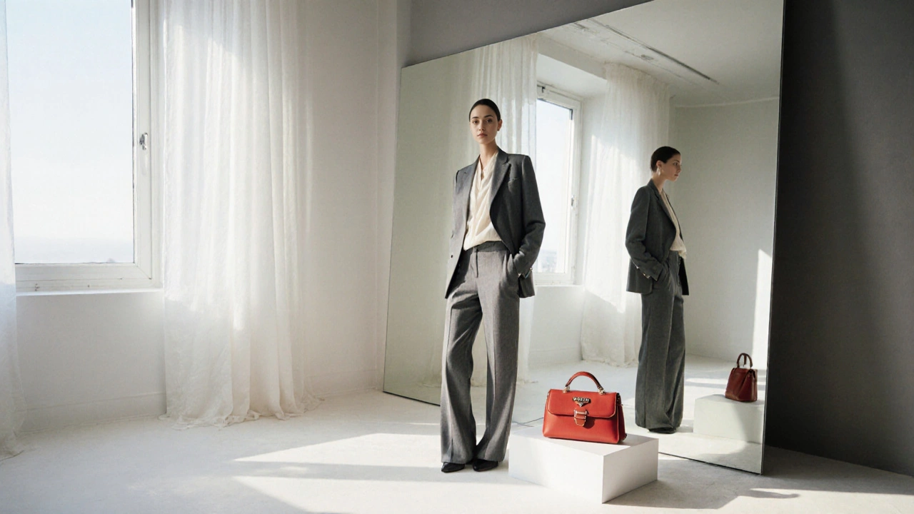 Model posiert vor einem Spiegel, neutrale Farben, ein rotes Prada‑Accessoire betont das Bild.