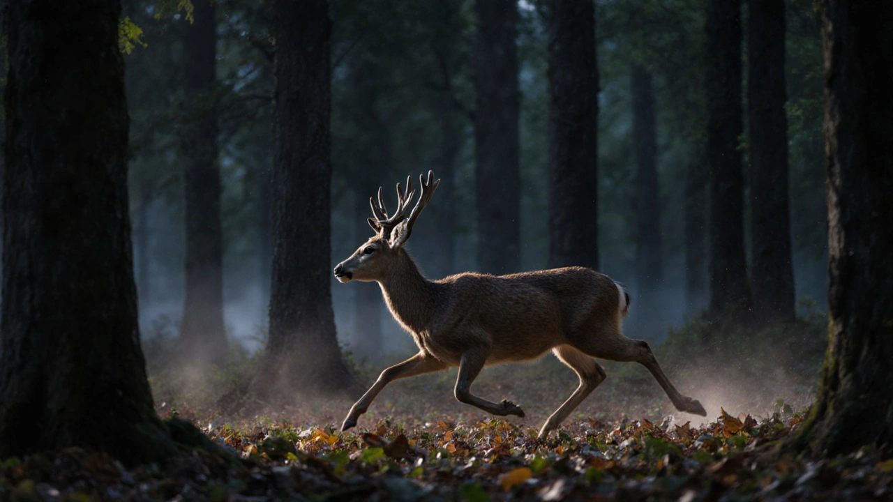 Nikon Z8 fokussiert auf einen laufenden Hirsch bei Dämmerung, scharfe Fellstruktur bei hohem ISO.