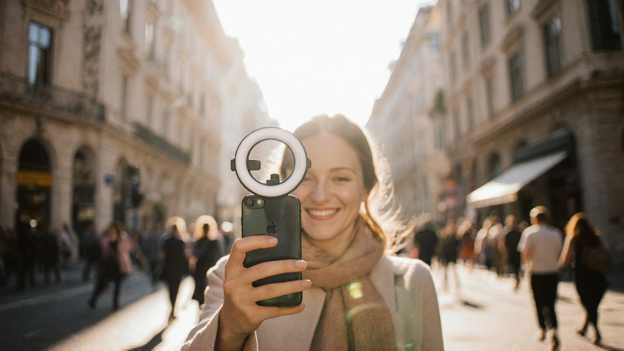 Reisender macht mit Smartphone ein spontanes Foto in der Stadt, dabei leichtes Ringlicht.