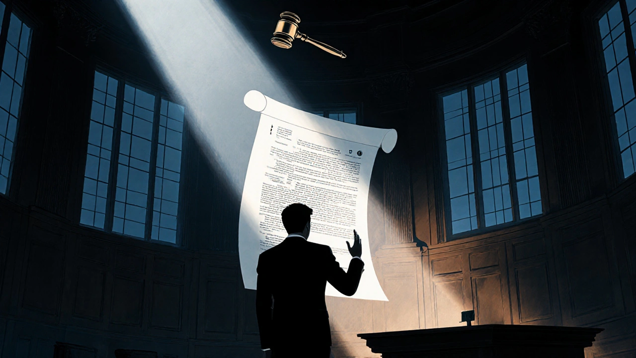 Silhouette von Sebastian Kim im Gerichtssaal, umgeben von schwebenden Rechtsdokumenten und einem Gavel.