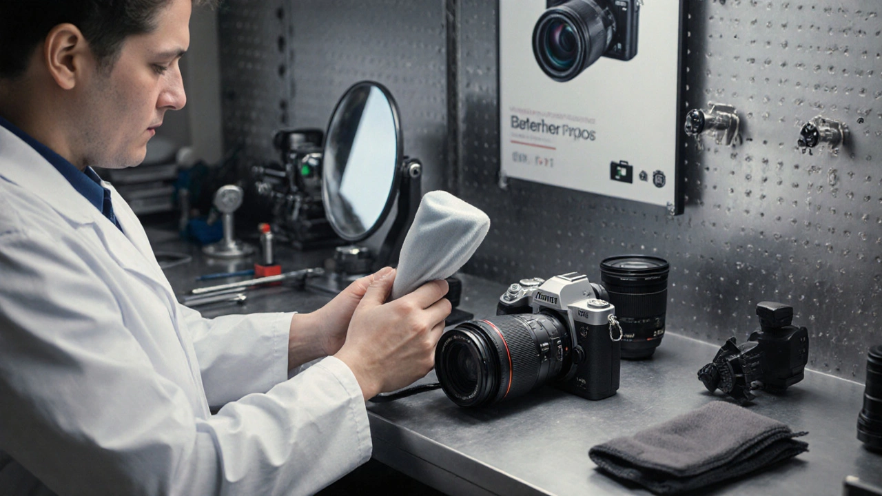 Techniker reinigt Sensor, wechselt Akku und pflegt Kamera für lange Lebensdauer.