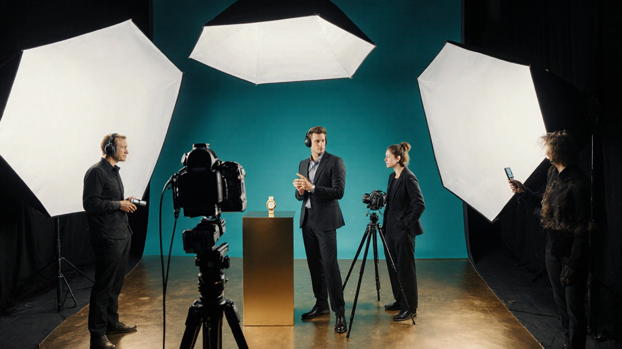 Werbefotoshooting im Studio mit Model, Produkt und professioneller Beleuchtung.