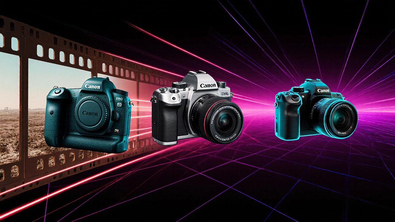 Zeitleiste von EOS‑1 über EOS‑5D zu EOS‑R5II in Retro‑Futurist‑Stil.