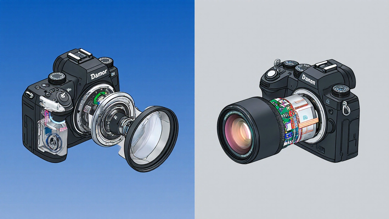 Zerlegtes Bild vergleicht Spiegel, mechanischen Verschluss und Objektivanschluss mit Sensor und elektronischem Verschluss.