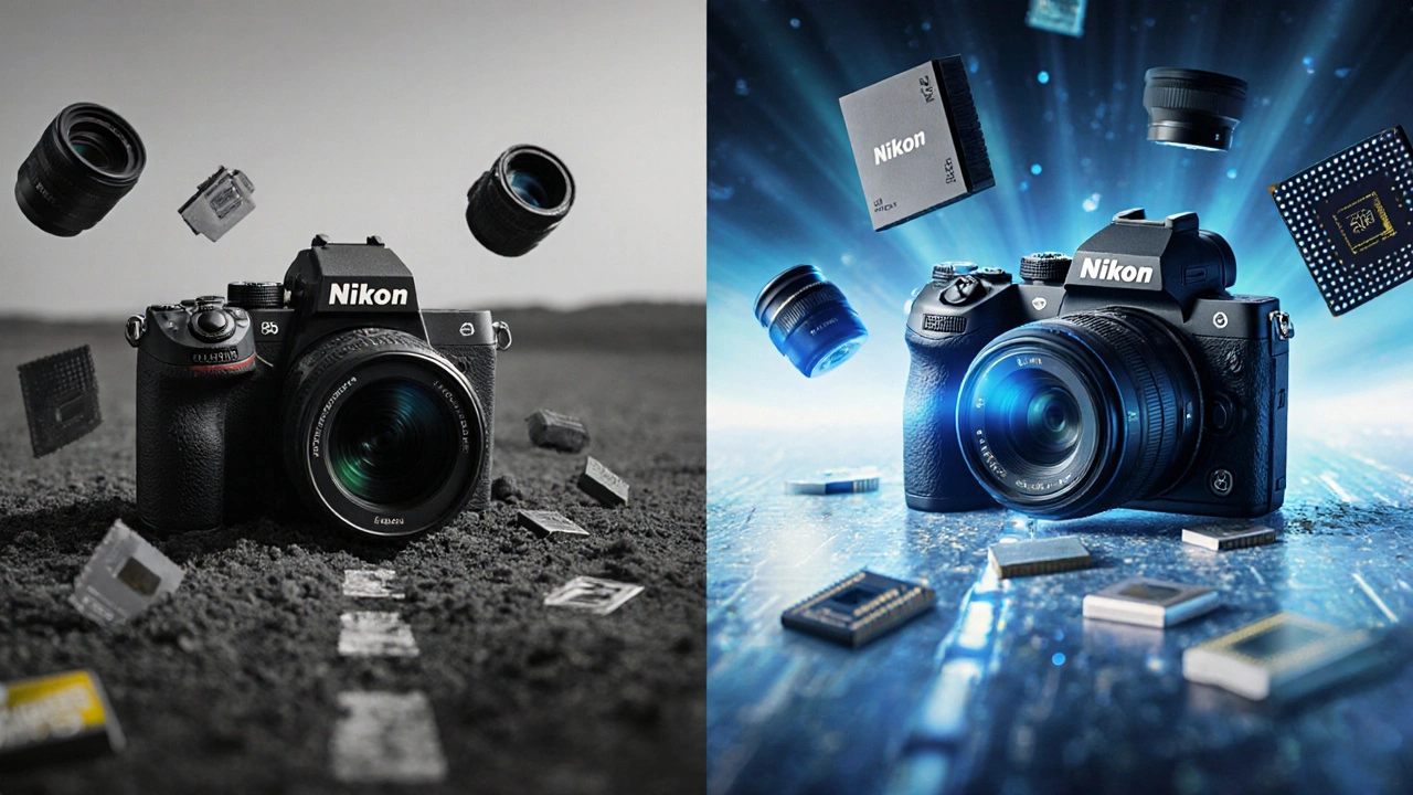 Zwei Pfade: veraltete DSLR vs. moderne Nikon Z8 mit Industrie- und Optik-Symbolen.