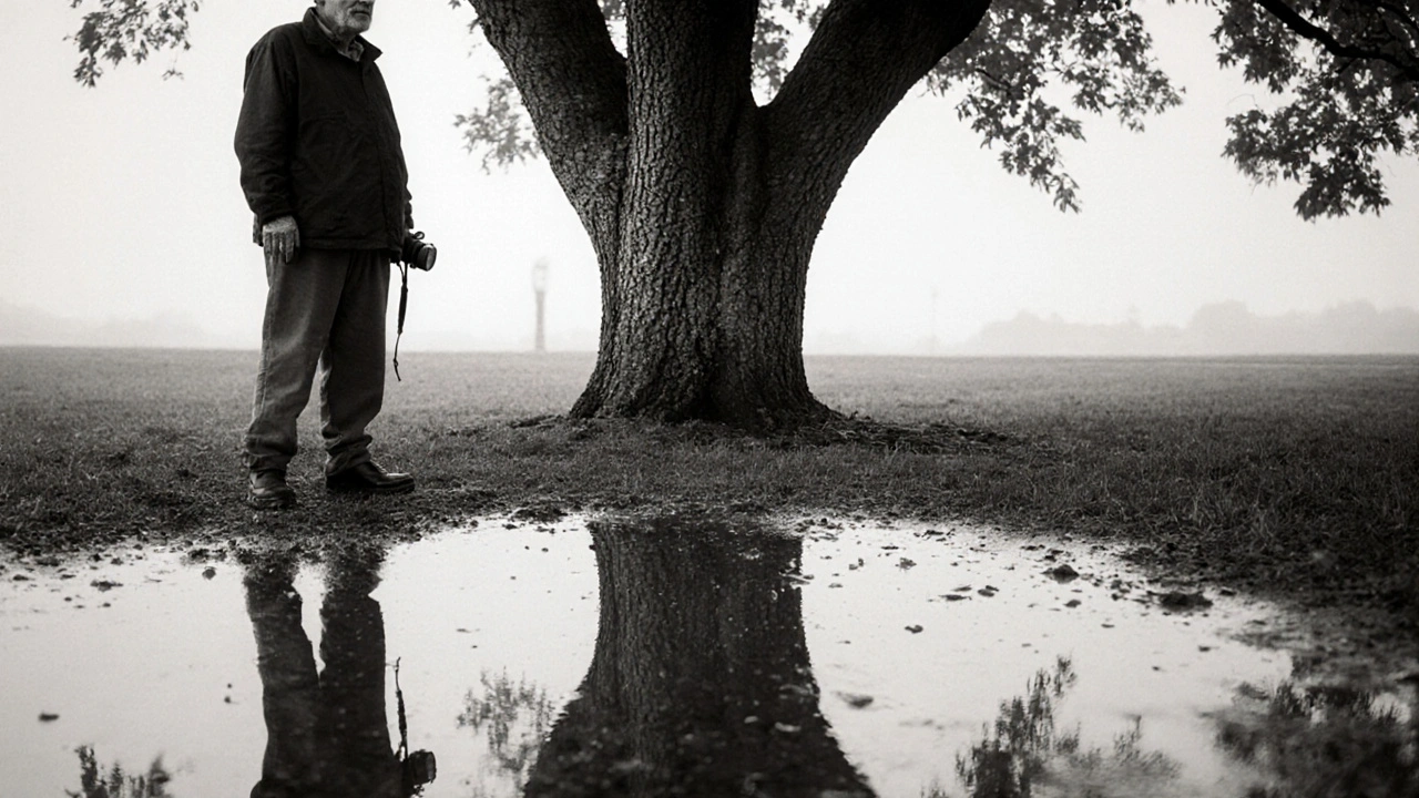 Alter Mann vor dem gleichen Baum, 17 Jahre lang, Spiegelung im Pfützenwasser, stiller Moment.