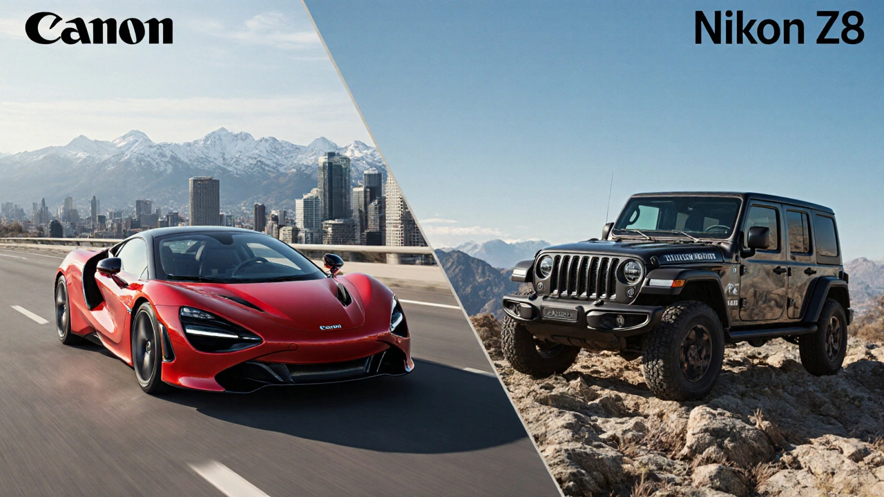 Canon R5 als Sportwagen neben Nikon Z8 als Geländewagen, beide fahren durch Landschaft.