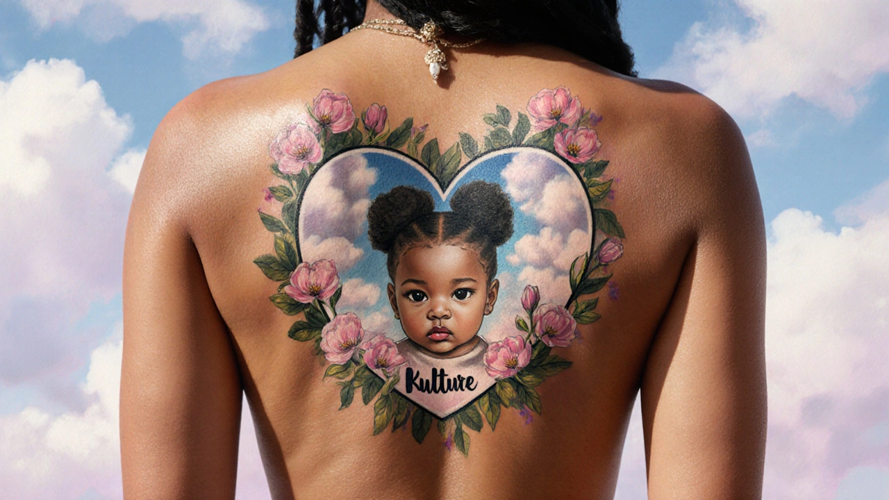 Cardi Bs Rückentattoo mit realistischem Porträt ihrer Tochter Kulture umgeben von Blumen und Wolken.