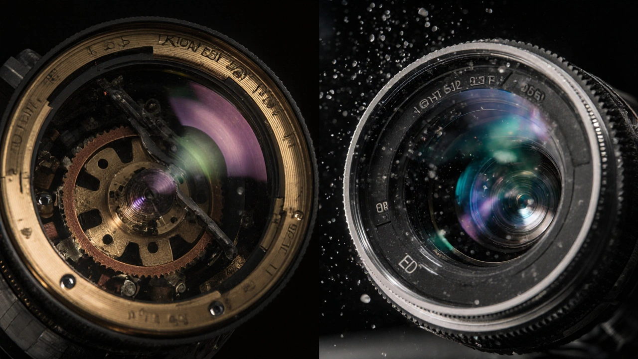 Detailansicht der internen Linsenkomponenten: Nikon mit Messingzahnrädern und ED-Glas im Vergleich zu Canon mit Kunststoffteilen.