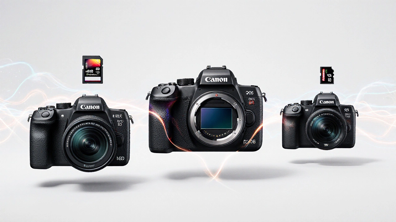 Drei Canon-Kameras R5, R6 Mark II und R8 in minimalistischer, konzeptueller Darstellung.