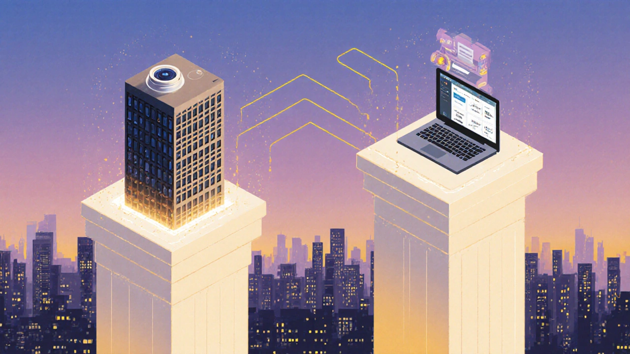 Drei Säulen des Fotografen-Einkommens: Architekturfotografie, Stock-Fotos und Online-Kurse in symbolischer Darstellung.