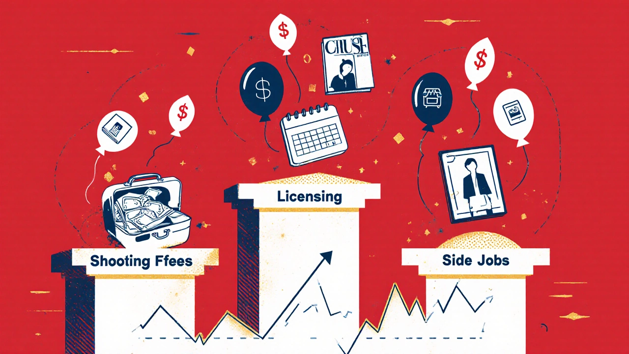 Drei Säulen repräsentieren die Einkommensquellen eines Fashion-Fotografen: Shooting, Lizenzgebühren und Nebenjobs, auf einem unsicheren Fundament.