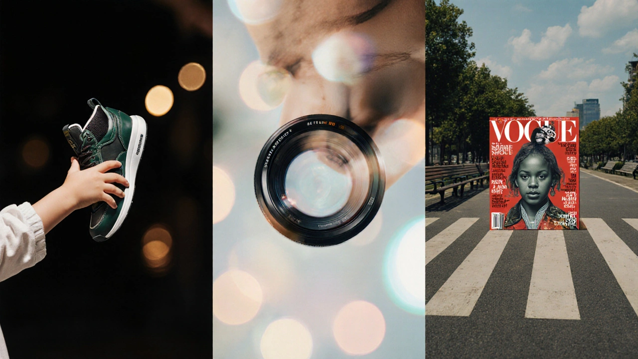 Drei Szenen verschmelzen: Kindeshand, Kamera und Cover — Authentizität als neuer Maßstab der Modefotografie.