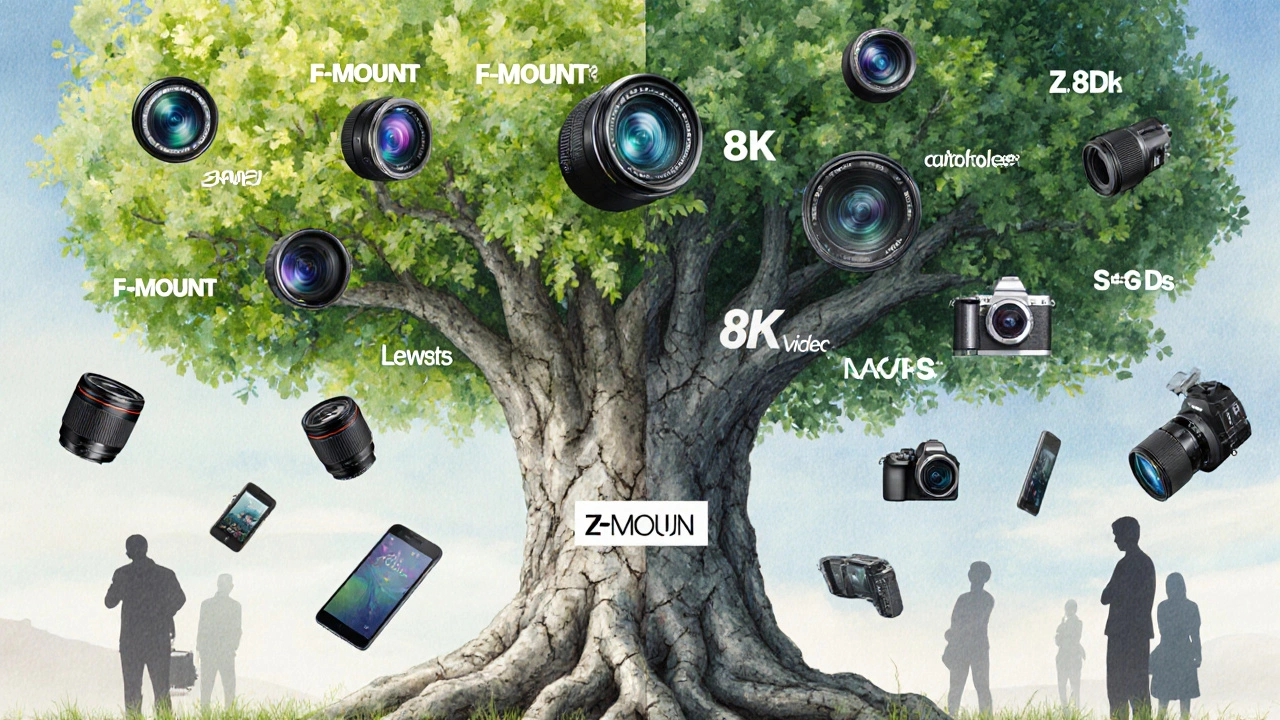 Ein Baum mit Wurzeln aus alten Nikon-Objektiven und Zweigen aus neuen Systemkameras, symbolisch für den Wandel.